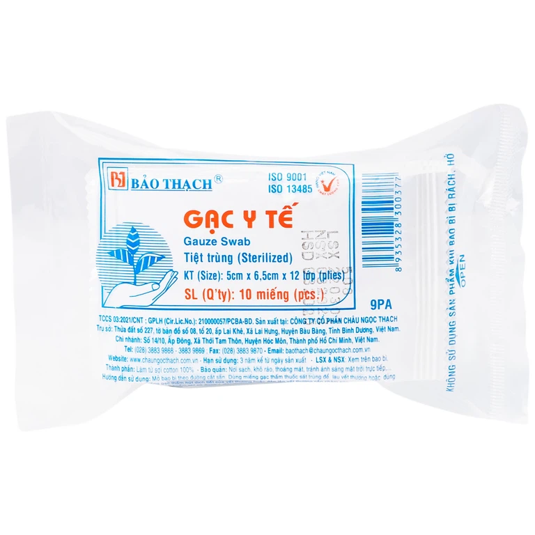 Gạc y tế tiệt trùng 5cm x 6.5cm x 12 lớp Bảo Thạch sơ cứu vết thương, thấm máu và dịch tiết