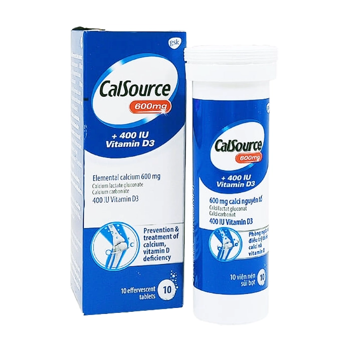 Viên sủi Calsource 600mg+ 400IU Vitamin D3 GSK phòng ngừa và điều trị thiếu canxi, vitamin D